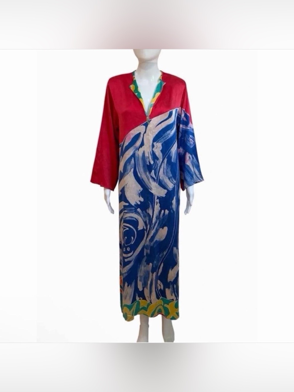 1980s Abstract Long Sleeve Maxi Silk Dress By Oscar de la Renta
